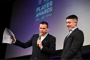 21 March 2025; AIB Club Hurling Player of the Year Andrew Jamieson-Murphy of Na Fianna is interviewed by MC Damian Lawlor during the AIB Club Player Awards at Croke Park in Dublin. The AIB Club Player Awards celebrated the best players from club Football, Hurling, Camogie, and LGFA in a single ceremony for the first time, recognising their outstanding achievements on the field throughout the season. Photo by Ramsey Cardy/Sportsfile