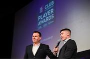 21 March 2025; AIB Club Hurling Player of the Year Andrew Jamieson-Murphy of Na Fianna is interviewed by MC Damian Lawlor during the AIB Club Player Awards at Croke Park in Dublin. The AIB Club Player Awards celebrated the best players from club Football, Hurling, Camogie, and LGFA in a single ceremony for the first time, recognising their outstanding achievements on the field throughout the season. Photo by Ramsey Cardy/Sportsfile