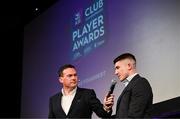 21 March 2025; AIB Club Hurling Player of the Year Andrew Jamieson-Murphy of Na Fianna is interviewed by MC Damian Lawlor during the AIB Club Player Awards at Croke Park in Dublin. The AIB Club Player Awards celebrated the best players from club Football, Hurling, Camogie, and LGFA in a single ceremony for the first time, recognising their outstanding achievements on the field throughout the season. Photo by Ramsey Cardy/Sportsfile