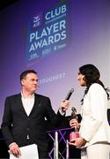 21 March 2025; 2024 Camogie Club Championship Player of the Year, Niamh McGrath of Sarsfields, is interviewed by MC Damian Lawlor during the AIB Club Player Awards at Croke Park in Dublin. The AIB Club Player Awards celebrated the best players from club Football, Hurling, Camogie, and LGFA in a single ceremony for the first time, recognising their outstanding achievements on the field throughout the season. Photo by Ramsey Cardy/Sportsfile