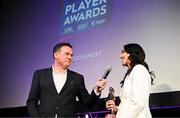 21 March 2025; 2024 Camogie Club Championship Player of the Year, Niamh McGrath of Sarsfields, is interviewed by MC Damian Lawlor during the AIB Club Player Awards at Croke Park in Dublin. The AIB Club Player Awards celebrated the best players from club Football, Hurling, Camogie, and LGFA in a single ceremony for the first time, recognising their outstanding achievements on the field throughout the season. Photo by Ramsey Cardy/Sportsfile