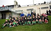 23 March 2025; Leinster players Paddy McCarthy and Jordan Larmour with participants during the De La Salle Palmerston U12s Rugby Blitz 2025 at Kirwan Park in Kiltiernan, Dublin. Photo by Seb Daly/Sportsfile