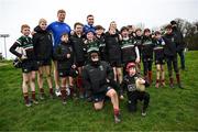 23 March 2025; Leinster players Paddy McCarthy and Jordan Larmour with participants during the De La Salle Palmerston U12s Rugby Blitz 2025 at Kirwan Park in Kiltiernan, Dublin. Photo by Seb Daly/Sportsfile