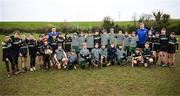 23 March 2025; Leinster players Paddy McCarthy and Jordan Larmour with participants during the De La Salle Palmerston U12s Rugby Blitz 2025 at Kirwan Park in Kiltiernan, Dublin. Photo by Seb Daly/Sportsfile