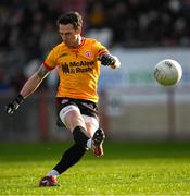 23 March 2025; Tyrone goalkeeper Niall Morgan kicks a '45' during the Allianz Football League Division 1 match between Tyrone and Dublin at O'Neills Healy Park in Omagh, Tyrone. Photo by Ray McManus/Sportsfile