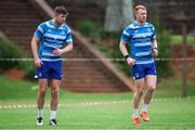 24 March 2025; Ross Byrne, left, and Ciarán Frawley during a Leinster Rugby squad training session at Northwood College in Durban, South Africa. Photo by Shaun Roy/Sportsfile