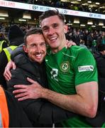 23 March 2025; Jimmy Dunne of Republic of Ireland and Graham Byrne after the UEFA Nations League B/C Play-off 2nd Leg match between Republic of Ireland and Bulgaria at the Aviva Stadium in Dublin. Photo by Stephen McCarthy/Sportsfile