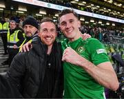 23 March 2025; Jimmy Dunne of Republic of Ireland and Graham Byrne after the UEFA Nations League B/C Play-off 2nd Leg match between Republic of Ireland and Bulgaria at the Aviva Stadium in Dublin. Photo by Stephen McCarthy/Sportsfile
