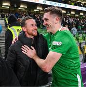23 March 2025; Jimmy Dunne of Republic of Ireland and Graham Byrne after the UEFA Nations League B/C Play-off 2nd Leg match between Republic of Ireland and Bulgaria at the Aviva Stadium in Dublin. Photo by Stephen McCarthy/Sportsfile