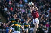 23 March 2025; Matthew Tierney of Galway catches a pass ahead of Joe O'Connor and Brian Ó Beaglaoich of Kerry before scoring his side's second goal during the Allianz Football League Division 1 match between Galway and Kerry at Pearse Stadium in Galway. Photo by Brendan Moran/Sportsfile