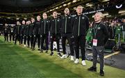 23 March 2025; Special guest Freddie Munnelly stands alongside Republic of Ireland head coach Heimir Hallgrimsson and his staff during the playing of the national anthems before the UEFA Nations League B/C Play-off 2nd Leg match between Republic of Ireland and Bulgaria at the Aviva Stadium in Dublin. Photo by Stephen McCarthy/Sportsfile