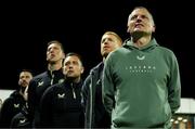 24 March 2025; Republic of Ireland manager Jim Crawford stands for Amhrán na bhFiann with his backroom team before the U21 International Friendly match between Republic of Ireland and Hungary at Pinatar Arena in Murcia, Spain. Photo by Manu Reino/Sportsfile