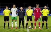 24 March 2025; Republic of Ireland captain David Okagbue and Hungary captain Antal Yaakobishvili with match officials before the U21 International Friendly match between Republic of Ireland and Hungary at Pinatar Arena in Murcia, Spain. Photo by Manu Reino/Sportsfile