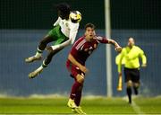 24 March 2025; Franco Umeh of Republic of Ireland in action against Levente Babos of Hungary during the U21 International Friendly match between Republic of Ireland and Hungary at Pinatar Arena in Murcia, Spain. Photo by Manu Reino/Sportsfile