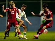 24 March 2025; Mason Melia of Republic of Ireland in action against Balazs Bakti, 23, and Boldizsar Rab of Hungary during the U21 International Friendly match between Republic of Ireland and Hungary at Pinatar Arena in Murcia, Spain. Photo by Manu Reino/Sportsfile