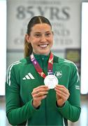 25 March 2025; Ireland athlete and pentathlon silver medallist Kate O'Connor upon her arrival at Dublin Airport from the World Indoor Athletics Championships at the Nanjing Youth Olympic Sports Park in Nanjing, China. Photo by Sam Barnes/Sportsfile