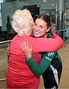 25 March 2025; Ireland athlete and pentathlon silver medallist Kate O'Connor with former Athletics Ireland President Georgina Drumm upon her arrival at Dublin Airport from the World Indoor Athletics Championships at the Nanjing Youth Olympic Sports Park in Nanjing, China. Photo by Sam Barnes/Sportsfile