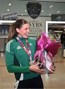 25 March 2025; Ireland athlete and pentathlon silver medallist Kate O'Connor upon her arrival at Dublin Airport from the World Indoor Athletics Championships at the Nanjing Youth Olympic Sports Park in Nanjing, China. Photo by Sam Barnes/Sportsfile
