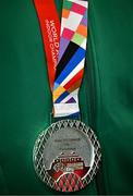25 March 2025; A detailed view of the World Indoor Pentathlon silver medal belonging to Kate O'Connor of Ireland upon her arrival at Dublin Airport from the World Indoor Athletics Championships at the Nanjing Youth Olympic Sports Park in Nanjing, China. Photo by Sam Barnes/Sportsfile