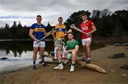 25 March 2025; Hurlers, from left, Tipperary captain Ronan Maher, Ryan Taylor of Clare, Limerick captain Cian Lynch and Alan Connolly of Cork at the launch of the Munster GAA Senior Hurling and Football Championship 2025 at Muckross House in Killarney, Kerry. Photo by Brendan Moran/Sportsfile