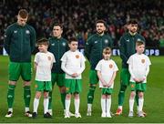 23 March 2025; Republic of Ireland players, from left, Jake O'Brien, Josh Cullen, Mikey Johnston and Troy Parrott before the UEFA Nations League B/C Play-off 2nd Leg match between Republic of Ireland and Bulgaria at the Aviva Stadium in Dublin. Photo by Stephen McCarthy/Sportsfile