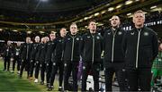 23 March 2025; Republic of Ireland head coach Heimir Hallgrimsson with his staff, including coaches, from right, assistant head coach John O'Shea, assistant coach Paddy McCarthy, goalkeeping coach Gudmundur Hreidarsson and head of athletic performance Damien Doyle before the UEFA Nations League B/C Play-off 2nd Leg match between Republic of Ireland and Bulgaria at the Aviva Stadium in Dublin. Photo by Stephen McCarthy/Sportsfile