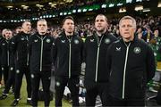 23 March 2025; Republic of Ireland head coach Heimir Hallgrimsson with his staff, including coaches, from right, assistant head coach John O'Shea, assistant coach Paddy McCarthy, goalkeeping coach Gudmundur Hreidarsson and head of athletic performance Damien Doyle before the UEFA Nations League B/C Play-off 2nd Leg match between Republic of Ireland and Bulgaria at the Aviva Stadium in Dublin. Photo by Stephen McCarthy/Sportsfile