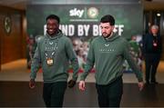 23 March 2025; Finn Azaz, right, and James Abankwah of Republic of Ireland before the UEFA Nations League B/C Play-off 2nd Leg match between Republic of Ireland and Bulgaria at the Aviva Stadium in Dublin. Photo by Stephen McCarthy/Sportsfile