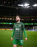 23 March 2025; Mikey Johnston of Republic of Ireland before the UEFA Nations League B/C Play-off 2nd Leg match between Republic of Ireland and Bulgaria at the Aviva Stadium in Dublin. Photo by Stephen McCarthy/Sportsfile