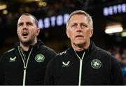23 March 2025; Republic of Ireland head coach Heimir Hallgrimsson and assistant head coach John O'Shea, left, before the UEFA Nations League B/C Play-off 2nd Leg match between Republic of Ireland and Bulgaria at the Aviva Stadium in Dublin. Photo by Stephen McCarthy/Sportsfile