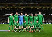 23 March 2025; The Republic of Ireland team, back row, from left, Evan Ferguson, Nathan Collins, goalkeeper Caoimhin Kelleher, Matt Doherty, Finn Azaz, Troy Parrott and Jake O'Brien, with, front row, Josh Cullen, Robbie Brady, Jason Knight and Mikey Johnston before the UEFA Nations League B/C Play-off 2nd Leg match between Republic of Ireland and Bulgaria at the Aviva Stadium in Dublin. Photo by Stephen McCarthy/Sportsfile