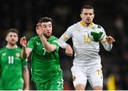 23 March 2025; Marin Petkov of Bulgaria in action against Finn Azaz of Republic of Irelandduring the UEFA Nations League B/C Play-off 2nd Leg match between Republic of Ireland and Bulgaria at the Aviva Stadium in Dublin. Photo by Stephen McCarthy/Sportsfile