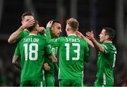 23 March 2025; Adam Idah of Republic of Ireland celebrates after scoring his side's second goal with team-mates Jimmy Dunne, Jack Taylor, Mark Sykes and Josh Cullen during the UEFA Nations League B/C Play-off 2nd Leg match between Republic of Ireland and Bulgaria at the Aviva Stadium in Dublin. Photo by Stephen McCarthy/Sportsfile