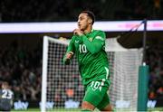 23 March 2025; Adam Idah of Republic of Ireland celebrates after scoring his side's second goal during the UEFA Nations League B/C Play-off 2nd Leg match between Republic of Ireland and Bulgaria at the Aviva Stadium in Dublin. Photo by Stephen McCarthy/Sportsfile