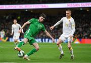23 March 2025; Finn Azaz of Republic of Ireland in action against Anton Nedyalkov of Bulgaria during the UEFA Nations League B/C Play-off 2nd Leg match between Republic of Ireland and Bulgaria at the Aviva Stadium in Dublin. Photo by Stephen McCarthy/Sportsfile