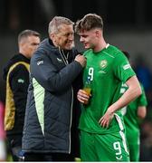 23 March 2025; Republic of Ireland head coach Heimir Hallgrimsson and Evan Ferguson during a break in play during the UEFA Nations League B/C Play-off 2nd Leg match between Republic of Ireland and Bulgaria at the Aviva Stadium in Dublin. Photo by Stephen McCarthy/Sportsfile
