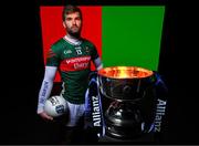 26 March 2025; As Mayo and Kerry prepare to go head-to-head this weekend in the Allianz Football League Division 1 Final, Allianz and the GAA unveiled the new cup that will be presented to the division winners, this coming Sunday, for the very first time. ‘Corn Mhíchíl Uí Mhuircheartaigh was unveiled today, to honour and remember the GAA icon, who made every match unforgettable for generations of fans. Pictured is Aidan O'Shea of Mayo with the new Allianz Football League Division 1 trophy, the Corn Mhíchíl Uí Mhuircheartaigh, ahead of the Allianz Football League Division 1 Final this weekend. Photo by Brendan Moran/Sportsfile