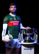 26 March 2025; As Mayo and Kerry prepare to go head-to-head this weekend in the Allianz Football League Division 1 Final, Allianz and the GAA unveiled the new cup that will be presented to the division winners, this coming Sunday, for the very first time. ‘Corn Mhíchíl Uí Mhuircheartaigh was unveiled today, to honour and remember the GAA icon, who made every match unforgettable for generations of fans. Pictured is Aidan O'Shea of Mayo with the new Allianz Football League Division 1 trophy, the Corn Mhíchíl Uí Mhuircheartaigh, ahead of the Allianz Football League Division 1 Final this weekend. Photo by Brendan Moran/Sportsfile