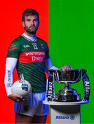 26 March 2025; As Mayo and Kerry prepare to go head-to-head this weekend in the Allianz Football League Division 1 Final, Allianz and the GAA unveiled the new cup that will be presented to the division winners, this coming Sunday, for the very first time. ‘Corn Mhíchíl Uí Mhuircheartaigh was unveiled today, to honour and remember the GAA icon, who made every match unforgettable for generations of fans. Pictured is Aidan O'Shea of Mayo with the new Allianz Football League Division 1 trophy, the Corn Mhíchíl Uí Mhuircheartaigh, ahead of the Allianz Football League Division 1 Final this weekend. Photo by Brendan Moran/Sportsfile