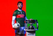 26 March 2025; As Mayo and Kerry prepare to go head-to-head this weekend in the Allianz Football League Division 1 Final, Allianz and the GAA unveiled the new cup that will be presented to the division winners, this coming Sunday, for the very first time. ‘Corn Mhíchíl Uí Mhuircheartaigh was unveiled today, to honour and remember the GAA icon, who made every match unforgettable for generations of fans. Pictured is Aidan O'Shea of Mayo with the new Allianz Football League Division 1 trophy, the Corn Mhíchíl Uí Mhuircheartaigh, ahead of the Allianz Football League Division 1 Final this weekend. Photo by Brendan Moran/Sportsfile