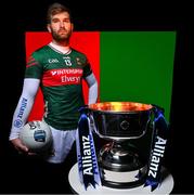 26 March 2025; As Mayo and Kerry prepare to go head-to-head this weekend in the Allianz Football League Division 1 Final, Allianz and the GAA unveiled the new cup that will be presented to the division winners, this coming Sunday, for the very first time. ‘Corn Mhíchíl Uí Mhuircheartaigh was unveiled today, to honour and remember the GAA icon, who made every match unforgettable for generations of fans. Pictured is Aidan O'Shea of Mayo with the new Allianz Football League Division 1 trophy, the Corn Mhíchíl Uí Mhuircheartaigh, ahead of the Allianz Football League Division 1 Final this weekend. Photo by Brendan Moran/Sportsfile