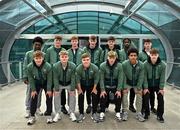 26 March 2025; Members of the Republic of Ireland team, back row, from left, Ade Solanke, Vincent Leonard, Cillian Tollett, Alex Noonan, George Moloney, Charles Akinrintayo, and Billy Hayes, with, front row, Billy Canny, Oskar Skoubo Keely, Billy O’Neill, Brody Lee, Victor Ozhianvuna and Gavin McAteer on their arrival at Dublin Airport following their qualification for the FIFA U-17 World Cup to be held in Qatar, in November 2025. The team reached the Finals for the first time in their history as one of four best-placed runners-up for qualification for the UEFA European Under-17 Championships. Their final standing position of second in Group A6, held in Poland, with six points, seven goals scored and just one goal conceded saw them miss out on the U17 EUROs but it was still enough to see them confirm a place at the World Cup in November. Photo by Stephen McCarthy/Sportsfile