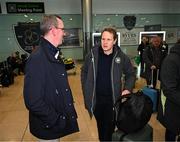 26 March 2025; Republic of Ireland head coach Colin O'Brien is greeted by FAI chief executive officer David Courell on the team's arrival at Dublin Airport following their qualification for the FIFA U-17 World Cup to be held in Qatar, in November 2025. The team reached the Finals for the first time in their history as one of four best-placed runners-up for qualification for the UEFA European Under-17 Championships. Their final standing position of second in Group A6, held in Poland, with six points, seven goals scored and just one goal conceded saw them miss out on the U17 EUROs but it was still enough to see them confirm a place at the World Cup in November. Photo by Stephen McCarthy/Sportsfile