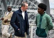 26 March 2025; FAI chief executive officer David Courell with Ade Solanke of the Republic of Ireland on their arrival at Dublin Airport following their qualification for the FIFA U-17 World Cup to be held in Qatar, in November 2025. The team reached the Finals for the first time in their history as one of four best-placed runners-up for qualification for the UEFA European Under-17 Championships. Their final standing position of second in Group A6, held in Poland, with six points, seven goals scored and just one goal conceded saw them miss out on the U17 EUROs but it was still enough to see them confirm a place at the World Cup in November. Photo by Stephen McCarthy/Sportsfile