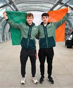 26 March 2025; Billy Canny, left, and Billy Hayes of the Republic of Ireland on their arrival at Dublin Airport following their qualification for the FIFA U-17 World Cup to be held in Qatar, in November 2025. The team reached the Finals for the first time in their history as one of four best-placed runners-up for qualification for the UEFA European Under-17 Championships. Their final standing position of second in Group A6, held in Poland, with six points, seven goals scored and just one goal conceded saw them miss out on the U17 EUROs but it was still enough to see them confirm a place at the World Cup in November. Photo by Stephen McCarthy/Sportsfile