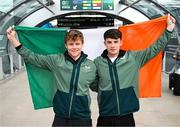 26 March 2025; Billy Canny, left, and Billy Hayes of the Republic of Ireland on their arrival at Dublin Airport following their qualification for the FIFA U-17 World Cup to be held in Qatar, in November 2025. The team reached the Finals for the first time in their history as one of four best-placed runners-up for qualification for the UEFA European Under-17 Championships. Their final standing position of second in Group A6, held in Poland, with six points, seven goals scored and just one goal conceded saw them miss out on the U17 EUROs but it was still enough to see them confirm a place at the World Cup in November. Photo by Stephen McCarthy/Sportsfile