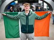 26 March 2025; Oskar Skoubo Keely of the Republic of Ireland on their arrival at Dublin Airport following their qualification for the FIFA U-17 World Cup to be held in Qatar, in November 2025. The team reached the Finals for the first time in their history as one of four best-placed runners-up for qualification for the UEFA European Under-17 Championships. Their final standing position of second in Group A6, held in Poland, with six points, seven goals scored and just one goal conceded saw them miss out on the U17 EUROs but it was still enough to see them confirm a place at the World Cup in November. Photo by Stephen McCarthy/Sportsfile