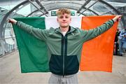 26 March 2025; Oskar Skoubo Keely of the Republic of Ireland on their arrival at Dublin Airport following their qualification for the FIFA U-17 World Cup to be held in Qatar, in November 2025. The team reached the Finals for the first time in their history as one of four best-placed runners-up for qualification for the UEFA European Under-17 Championships. Their final standing position of second in Group A6, held in Poland, with six points, seven goals scored and just one goal conceded saw them miss out on the U17 EUROs but it was still enough to see them confirm a place at the World Cup in November. Photo by Stephen McCarthy/Sportsfile
