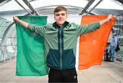 26 March 2025; Billy O’Neill of the Republic of Ireland on their arrival at Dublin Airport following their qualification for the FIFA U-17 World Cup to be held in Qatar, in November 2025. The team reached the Finals for the first time in their history as one of four best-placed runners-up for qualification for the UEFA European Under-17 Championships. Their final standing position of second in Group A6, held in Poland, with six points, seven goals scored and just one goal conceded saw them miss out on the U17 EUROs but it was still enough to see them confirm a place at the World Cup in November. Photo by Stephen McCarthy/Sportsfile