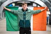 26 March 2025; Billy O’Neill of the Republic of Ireland on their arrival at Dublin Airport following their qualification for the FIFA U-17 World Cup to be held in Qatar, in November 2025. The team reached the Finals for the first time in their history as one of four best-placed runners-up for qualification for the UEFA European Under-17 Championships. Their final standing position of second in Group A6, held in Poland, with six points, seven goals scored and just one goal conceded saw them miss out on the U17 EUROs but it was still enough to see them confirm a place at the World Cup in November. Photo by Stephen McCarthy/Sportsfile